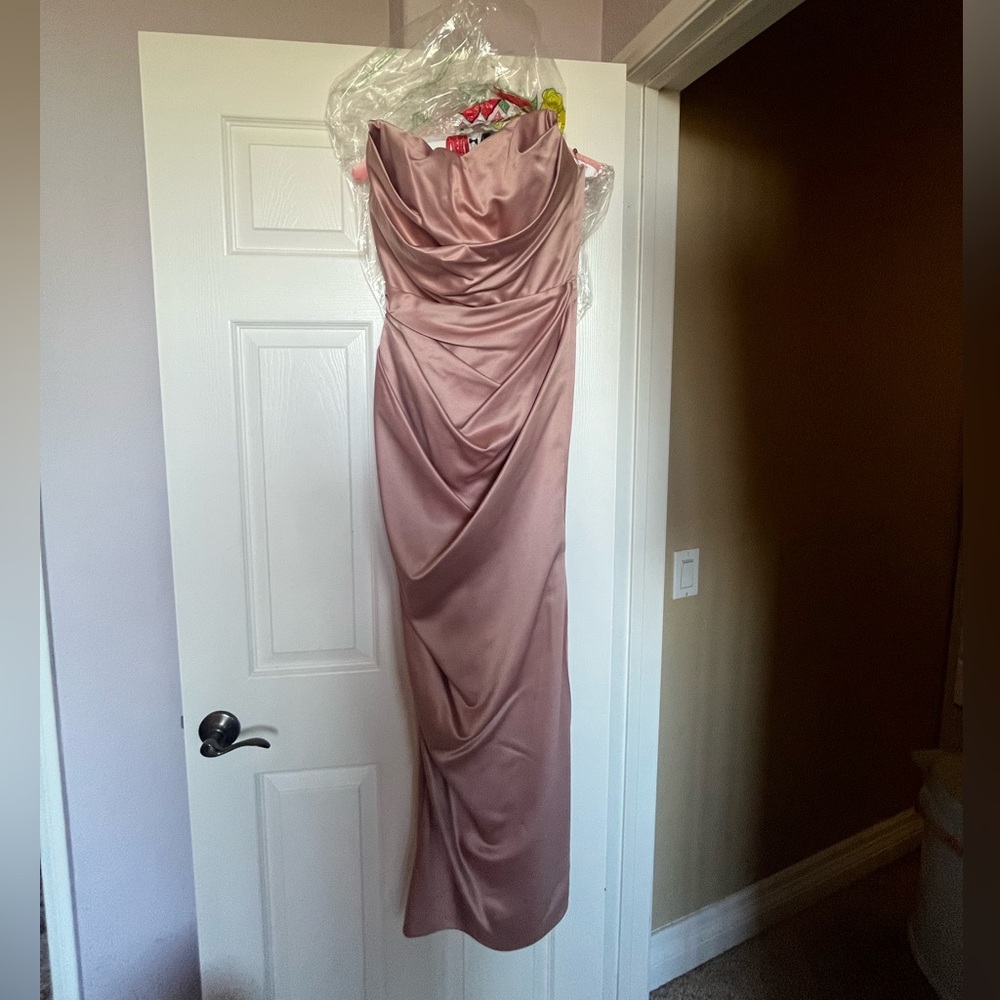 House of CB Strapless Satin Gown in Dusty Rose